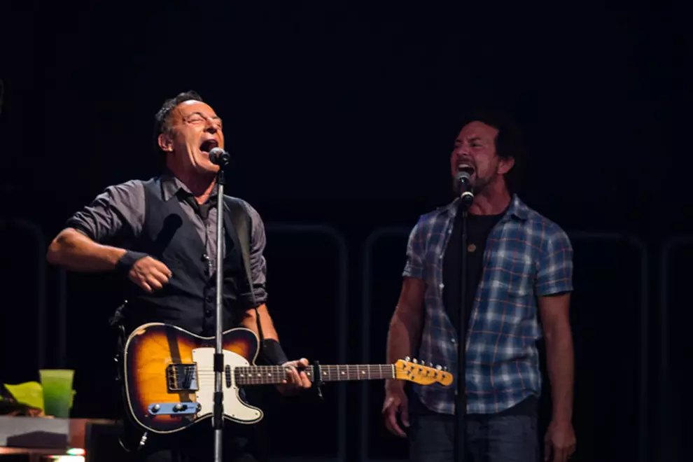 Bruce Springsteen with Eddie Vedder. Pic by Kane Hibberd.