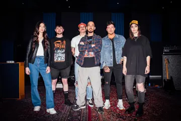 L-R: Tash Wolf, Daniel Furnari (Polaris), James Karagiozis (Between You & Me), Mike Shinoda, Mitchell Black & Bonnie Fraser (Stand Atlantic)