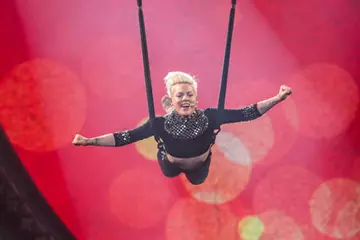 Pink, flying high at Rod Laver Arena. Pic by Kane Hibberd.