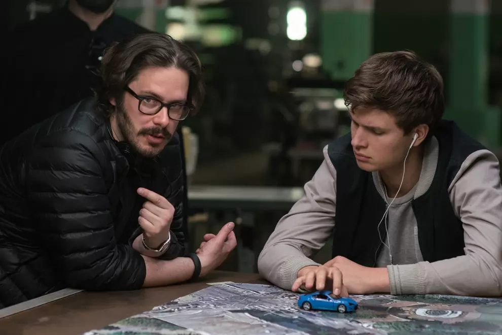 Edgar Wright with Ansel Elgort on the set