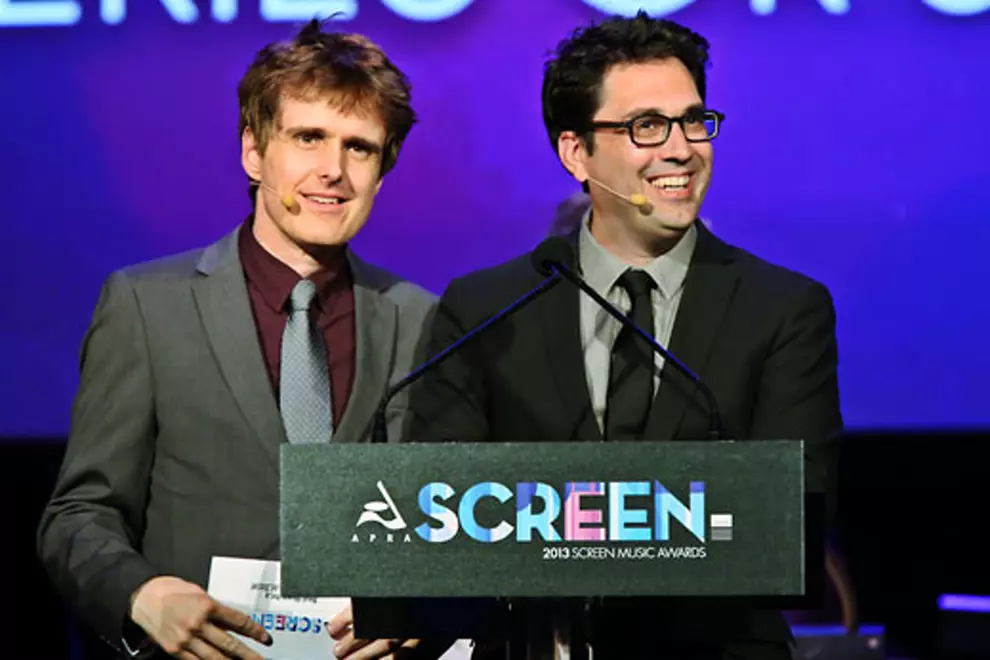 The Chaser's Andrew Hansen (left), and Chris Taylor at the Screen Music Awards