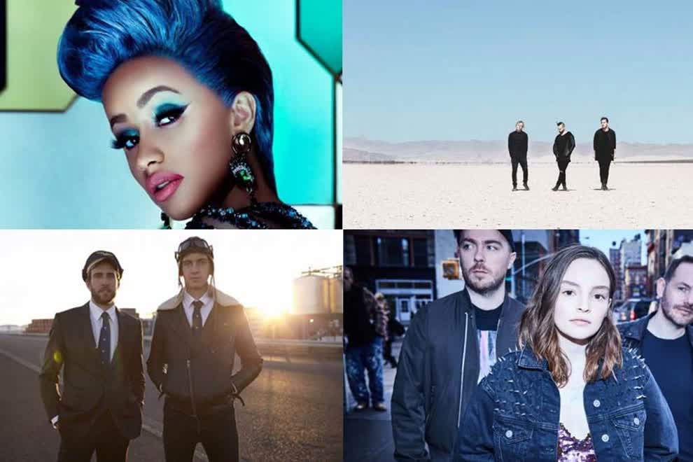 C'wise from top left: Cardi B, Rüfüs Du Sol, Chvrches, Flight Facilities