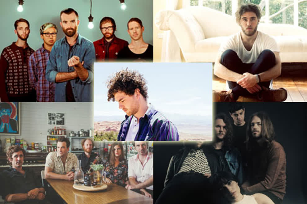 Clockwise from top left: Birds Of Tokyo, Matt Corby, The Preatures, The Drones and Vance Joy (centre)