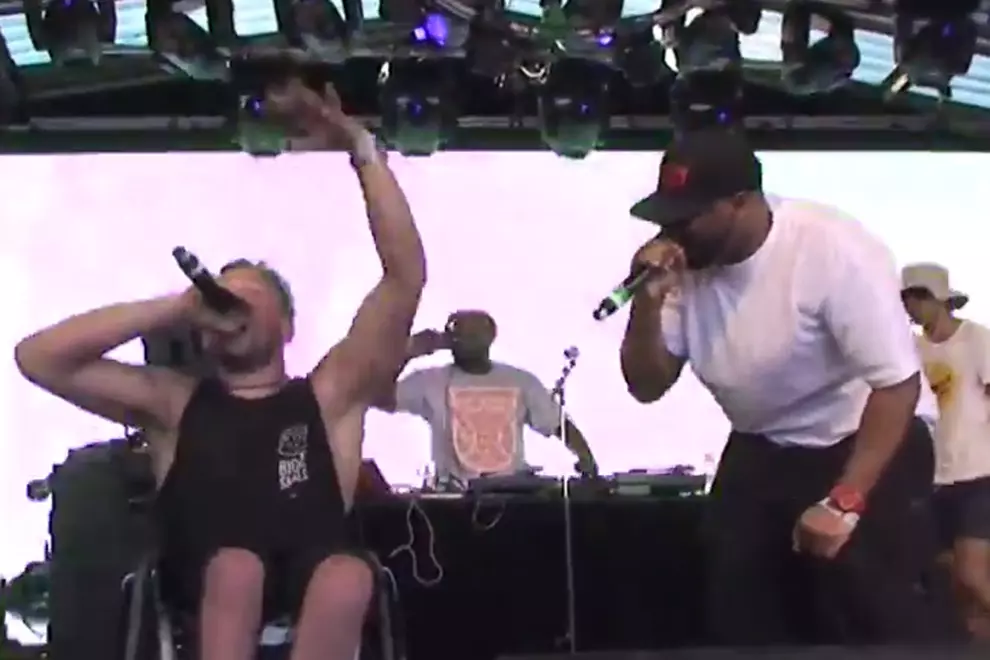 Dylan Alcott raps on-stage at Meredith