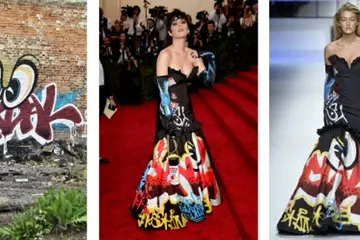 L-R: The original mural, Katy Perry at the MET Gala and the dress on the runway, as used in the official complaint