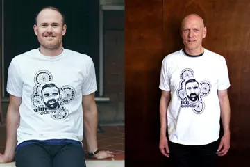 Sam Lockwood and Peter Garrett rock the 'With Goodesy' tee