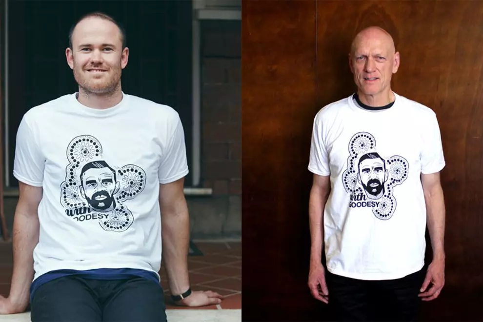 Sam Lockwood and Peter Garrett rock the 'With Goodesy' tee