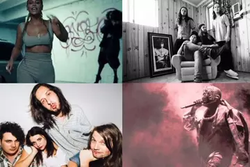 C'wise from top left: Beyonce, Violent Soho, Kanye West, Tired Lion