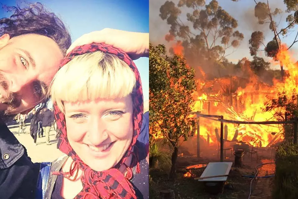 From left: Joni Hogan & Toby Mack; the fire. Pics via Facebook