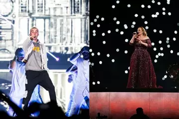 L: Bieber in Melb (pic by Jaz Meadows) R: Adele in Sydney (pic by Cameron Spencer/Getty Images)