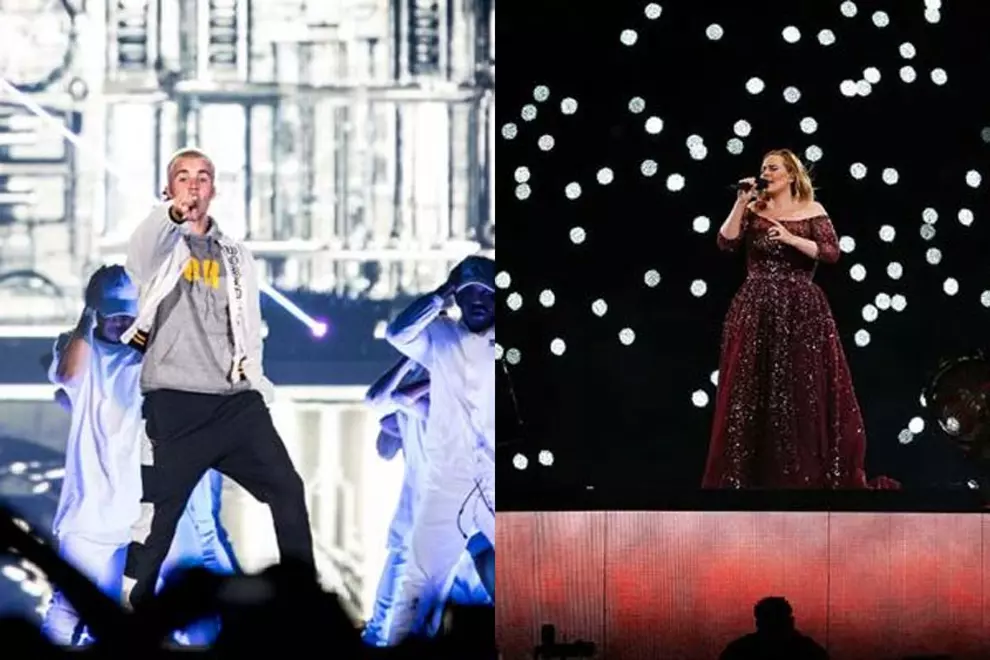 L: Bieber in Melb (pic by Jaz Meadows) R: Adele in Sydney (pic by Cameron Spencer/Getty Images)