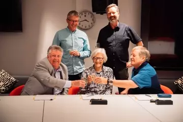 Front row L-R: Denis Handlin AO, Christine & John Woodruff. Back row L-R: Brett Oaten (Brett Oaten Solicitors) & Keith Welsh (JWM)