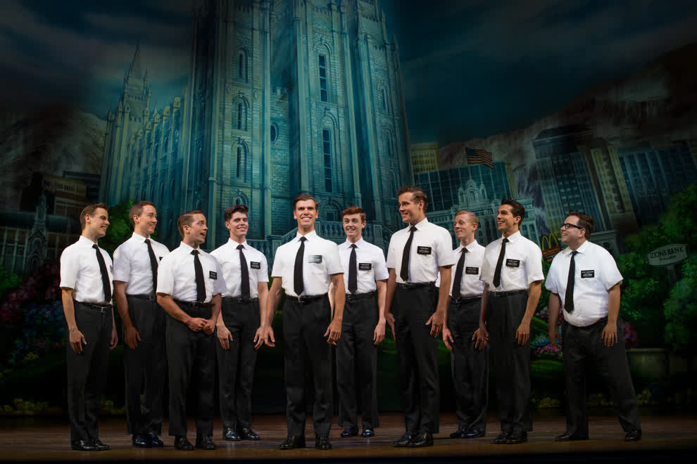 Blake Bowden, Nyk Bielak and company of 'The Book Of Mormon'. Pic by Jeff Busby