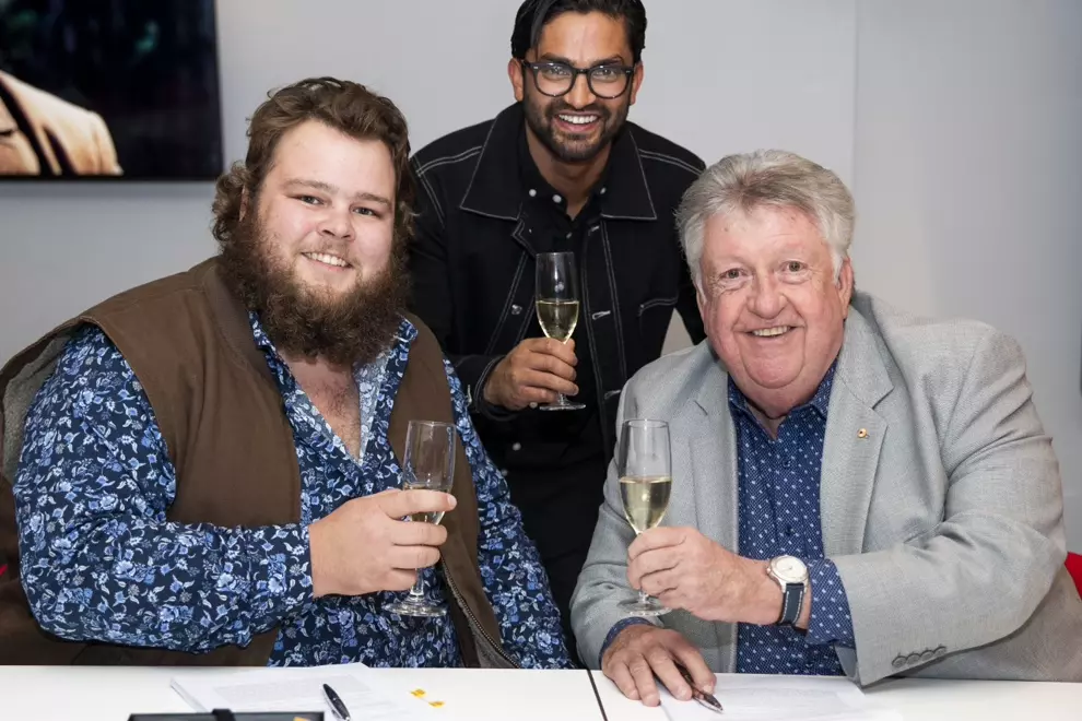 L-R: Brad Cox, Kurt Bailey (Cox's manager/Director of Mirror Music Group), Denis Handlin AO