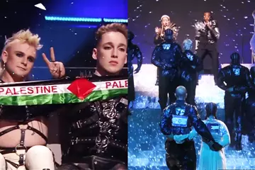 Hatari (L, image via Eurovision broadcast) & Madonna (R, image via Youtube)