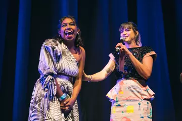 Emily Wurramara and host Patience Hodgson. Photo by Bianca Holderness.