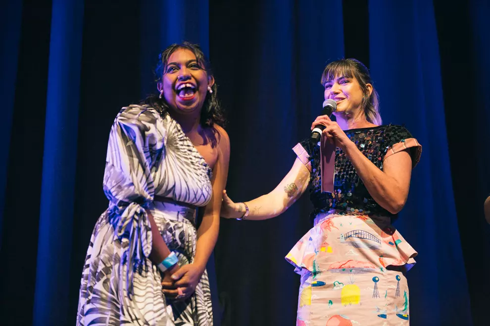 Emily Wurramara and host Patience Hodgson. Photo by Bianca Holderness.