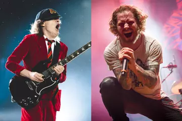 Angus Young (left, pic by Jared Leibowitz) & Corey Taylor (right, pic by Terry Soo)