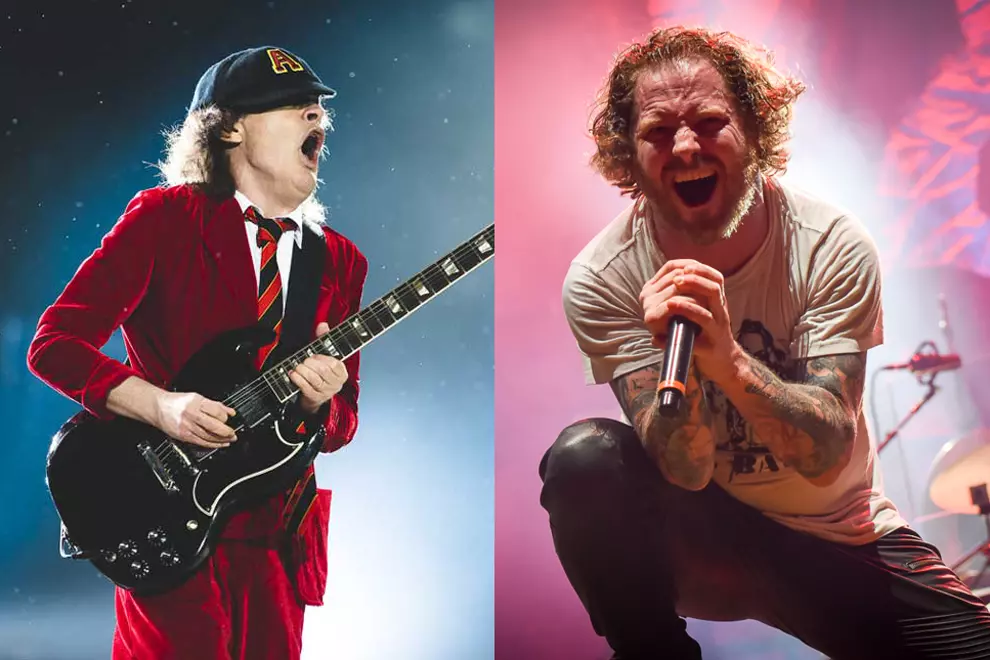 Angus Young (left, pic by Jared Leibowitz) & Corey Taylor (right, pic by Terry Soo)