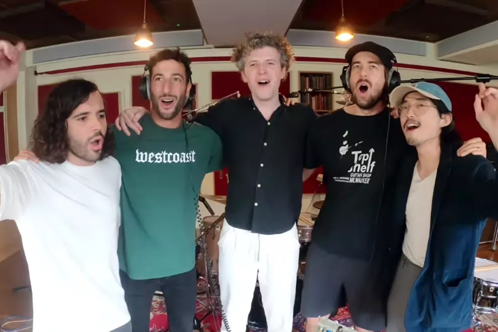 Ricciardo (second from left) in the studio with Gang Of Youths. Image via YouTube.