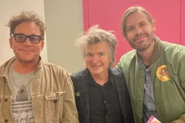 L-R: Carl Stubner (Finn's manager and chairman of Shelter Music Group), Neil Finn and Heath Johns (BMG Australia Managing Director)
