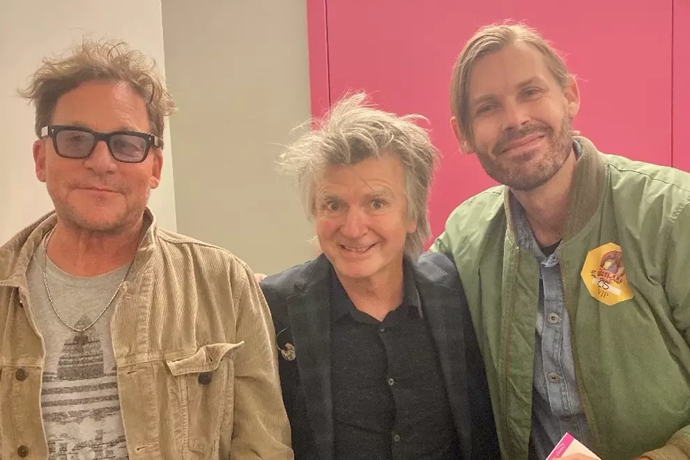 L-R: Carl Stubner (Finn's manager and chairman of Shelter Music Group), Neil Finn and Heath Johns (BMG Australia Managing Director)
