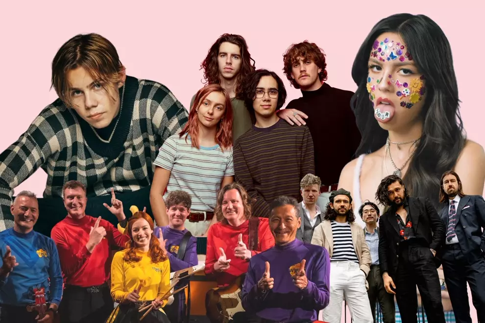 C’wise from top left: The Kid LAROI (pic by Daniel Prakopcyk), Spacey Jane (pic by Charlie Hardy), Olivia Rodrigo, Gang Of Youths (pic by Amy Heycock), The Wiggles