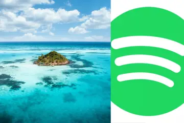 Drone shot of tropical island in Providencia Colombia, South America, and Spotify logo