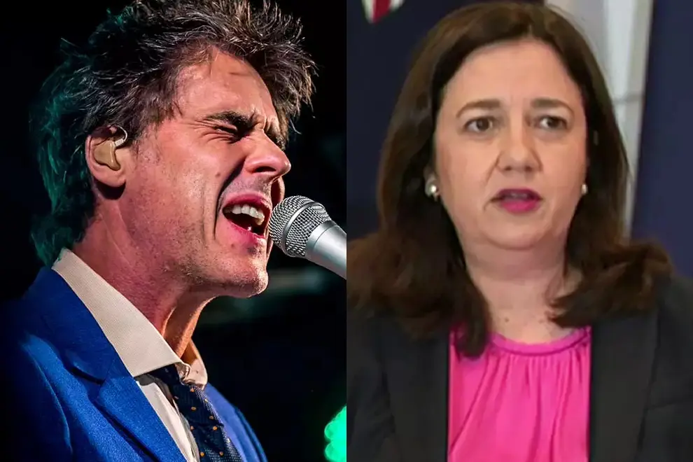 Tim Freedman on stage and Annastacia Palaszczuk hosting a press conference
