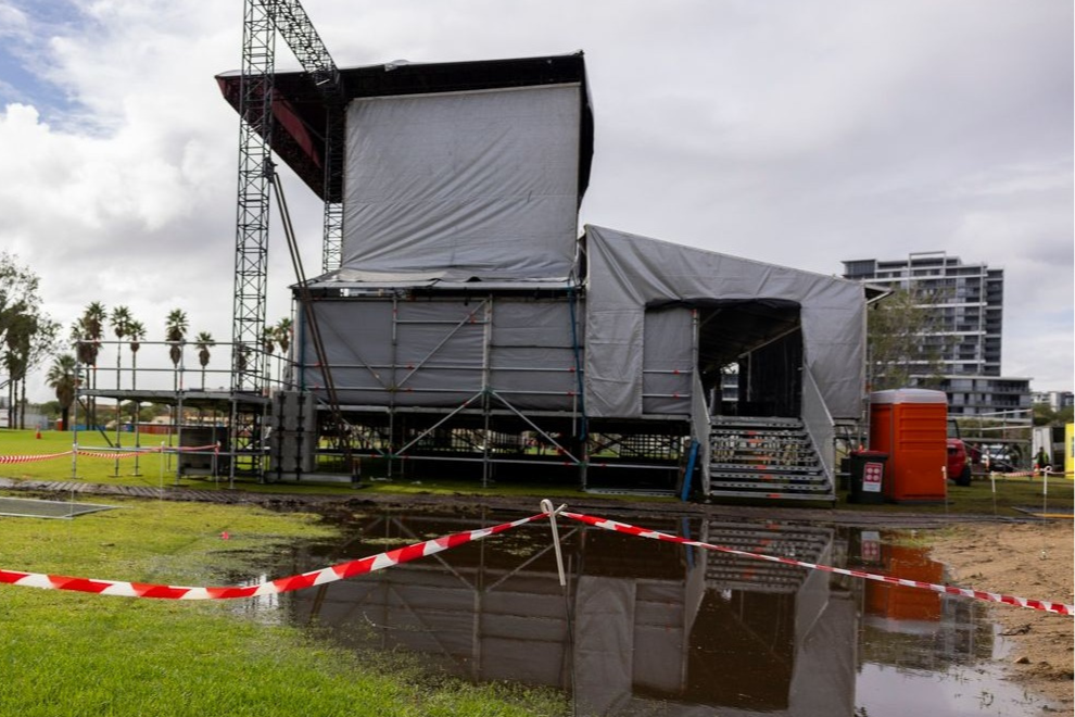 The flooded stage site of 2024's WA Day Festival