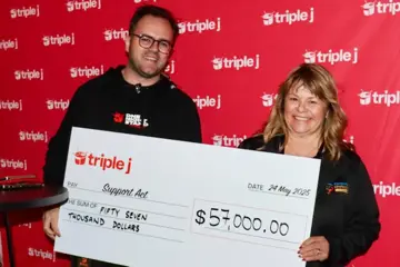 triple j's Lachie Macara with Support Act Ambassador Kylie Thompson