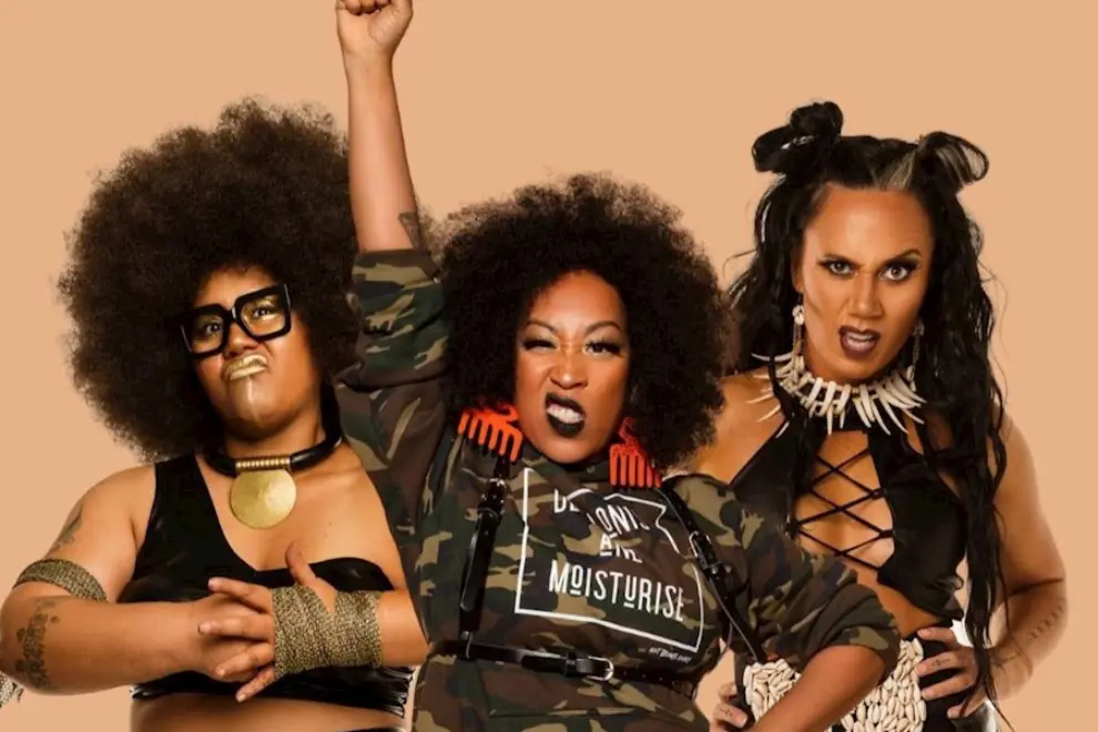 The Hot Brown Honey Team - Kim 'Busty Beatz' Bowers on far-left