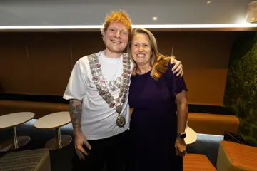 Ed Sheeran with Ipswich Mayor Teresa Harding