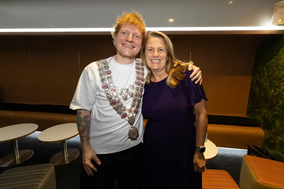 Ed Sheeran with Ipswich Mayor Teresa Harding