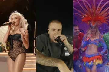 Sabrina Carpenter, Justin Bieber and Karol G performing at Coachella