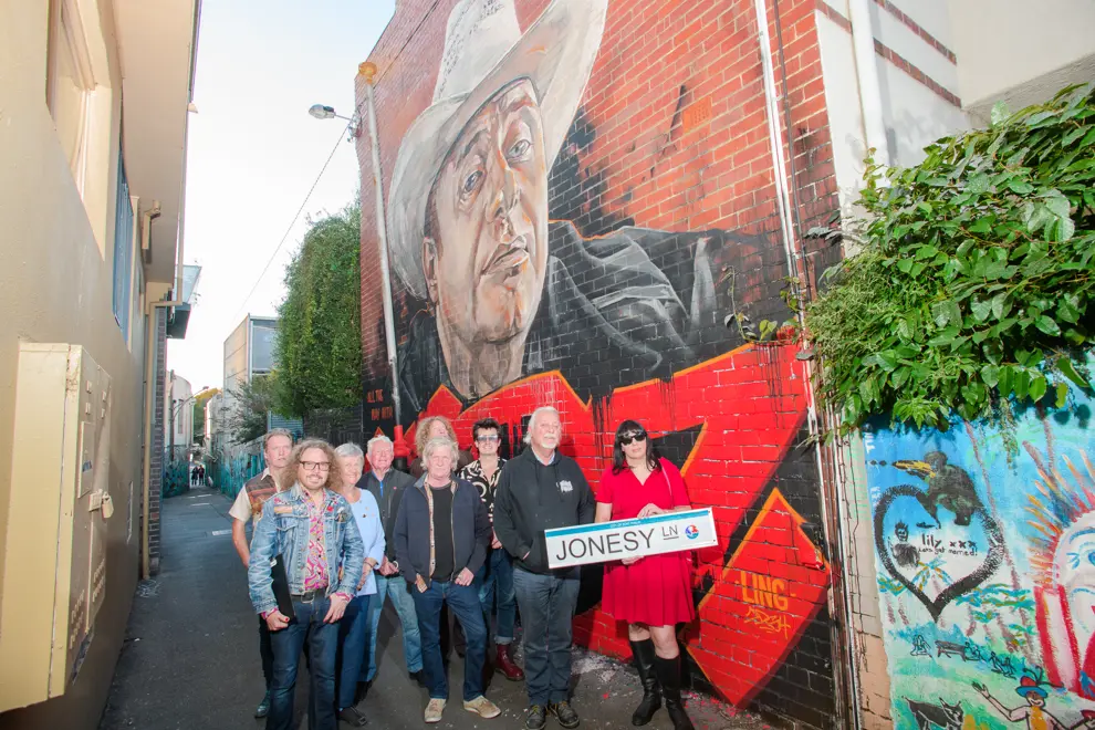 Spencer P Jones' family, friends and former bandmates at the launch of Jonesy Lane