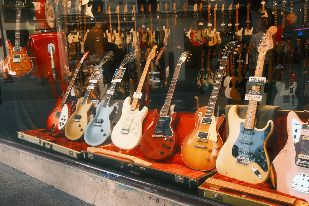 Guitars in a music store