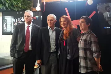 ABC's Mark Scott, Communications Minister Malcolm Turnbull, Clare Bowditch and triple j's Chris Scaddan at the launch