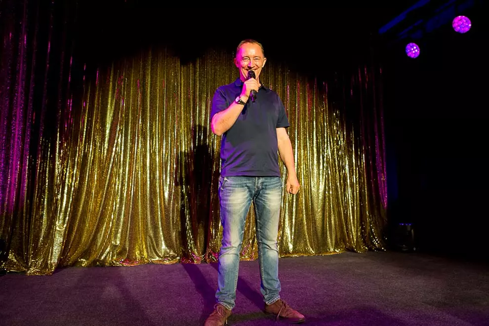 Owner/operator John McAllister at Comedy Lounge. Photos by Karen Lowe